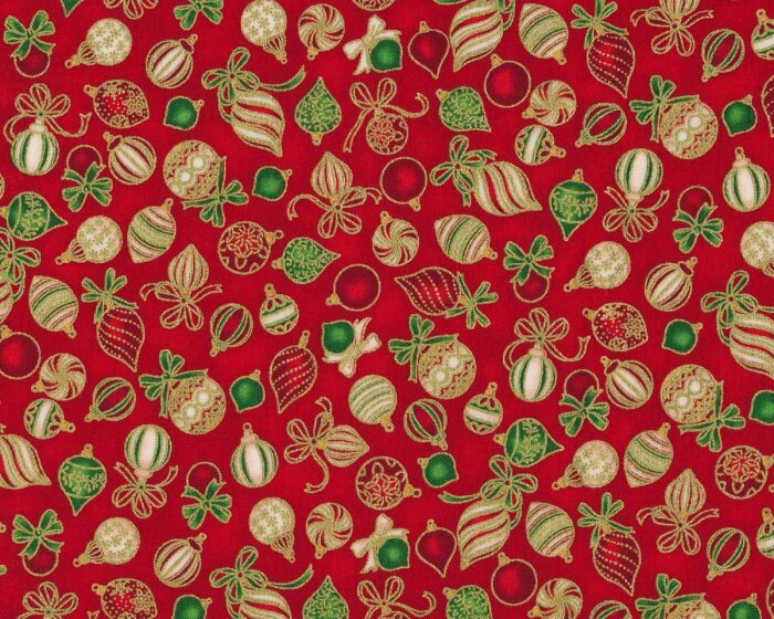 60 cm Reststück Metallic-Patchworkstoff HOLIDAY CHARMS, Kugeln, rot-gold, Robert Kaufman