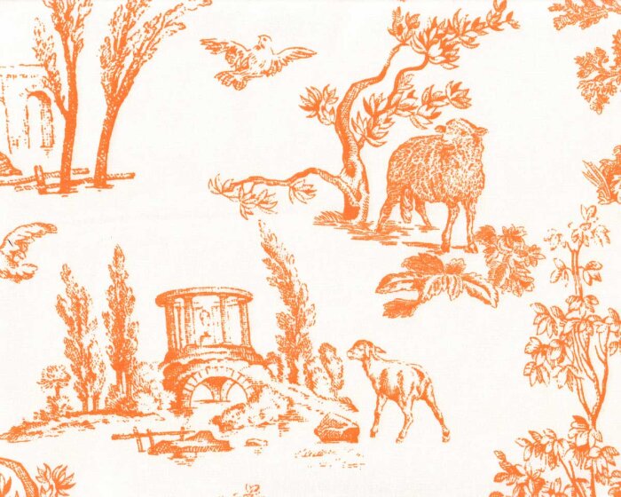 Dekostoff Toile de Jouy ANGELOT, Landschaft, weiß-orange