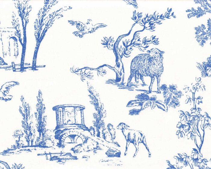 Dekostoff Toile de Jouy ANGELOT, Landschaft, weiß-blau