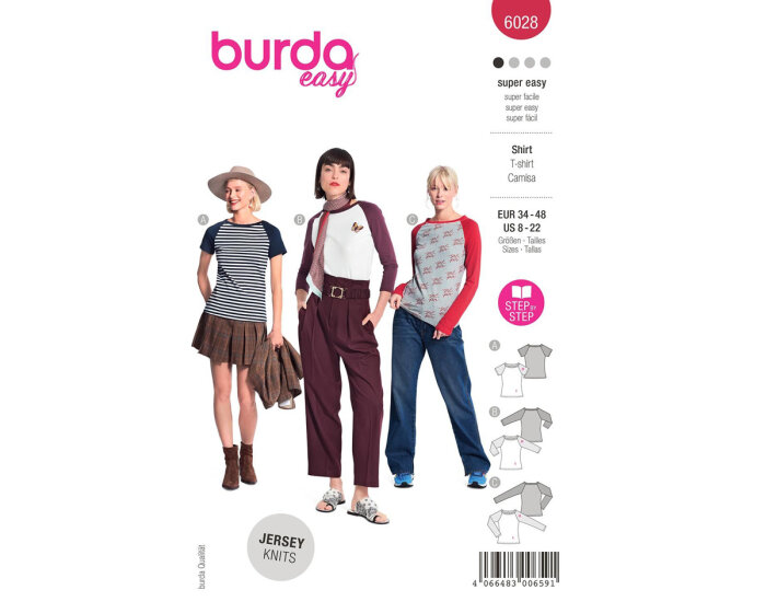 Schnittmuster Shirt mit abgesetzten Ärmeln, burda easy 6028