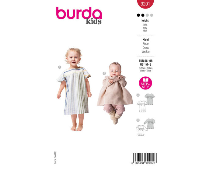 Schnittmuster für Kinder Kleid mit Flügelärmeln, burda kids 9201