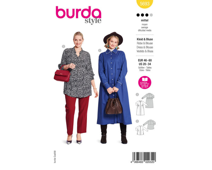 Schnittmuster Bluse & Blusenkleid mit Stehkragen, burda style 5693