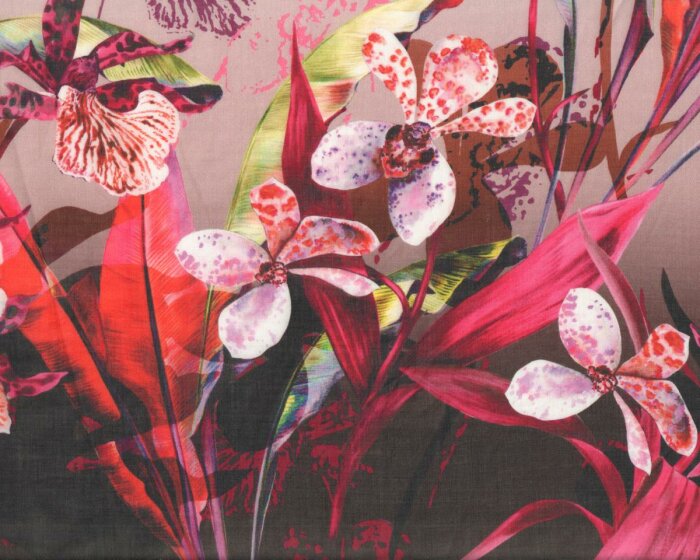 95-cm-Rapport Feines Reinleinen mit Digitaldruck, Ramie ORCHIDAS, Orchideen, fuchsia-rot
