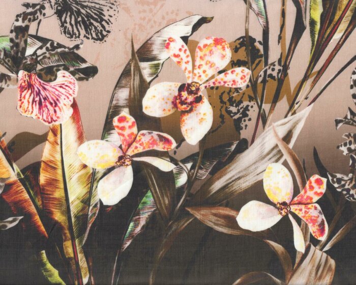 95-cm-Rapport Feines Reinleinen mit Digitaldruck, Ramie ORCHIDAS, Orchideen, braun-gelb