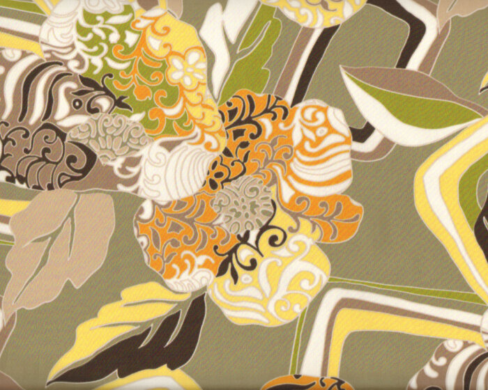 Feiner italienischer Baumwoll-Stretch-Satin DISEGNO, Musterblüten, pastellgelb-schilfgrün